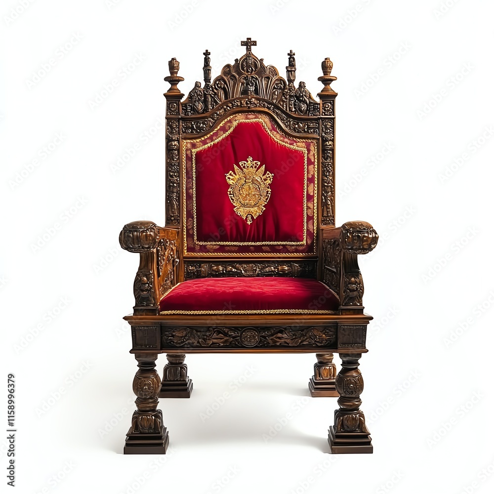 Ornate wooden throne with red upholstery and intricate carvings, white isolated background. Ornate wooden throne with red upholstery and intricate carvings, white isolated background.