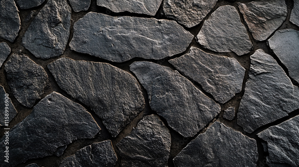 Fototapeta premium Close-up view of irregular dark slate stones arranged in a natural pattern on a textured surface