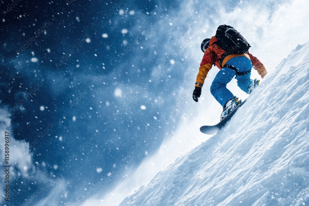 Snowboarder climbs snowy mountain under cloudy sky during winter season Snowboarder climbs snowy mountain under cloudy sky during winter season