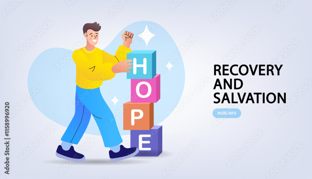 man standing near word hope recovery and salvation. Vector , flat design and illustration. man standing near word hope recovery and salvation. Vector , flat design and illustration.