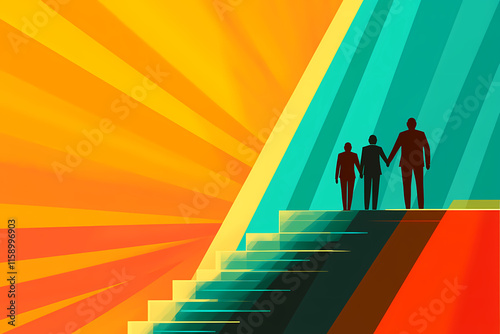 A colorful poster with three people holding hands