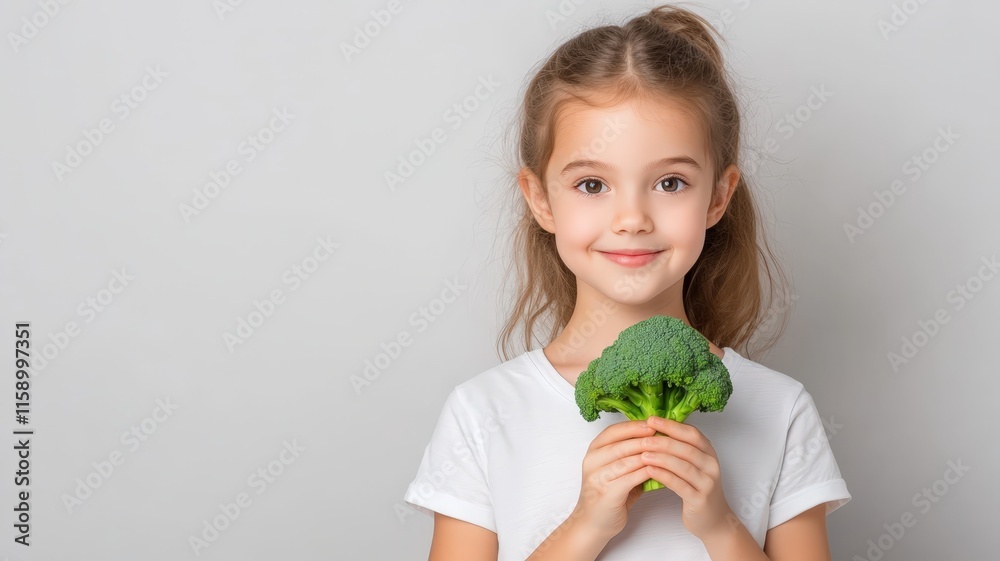 Cheerful young girl holding fresh broccoli in studio setting, highlighting nutritious vegetable and positive approach to child nutrition Cheerful young girl holding fresh broccoli in studio setting, highlighting nutritious vegetable and positive approach to child nutrition
