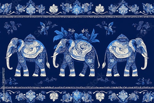 Decorative Blue and White Elephants with Floral Border