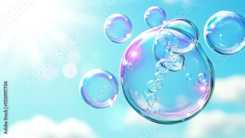 Wallpaper Mural Iridescent soap bubbles drifting against azure sky, catching golden sunlight with wispy clouds softening background Torontodigital.ca