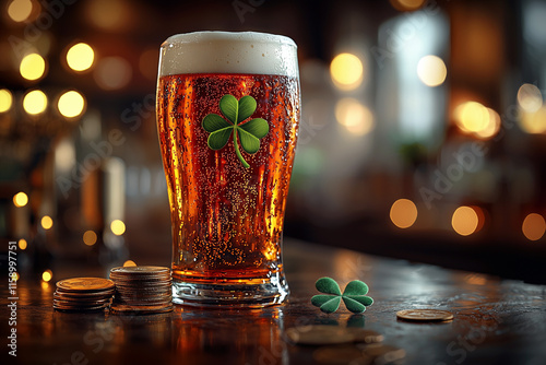 A pint of golden beer with a perfectly crafted clover design in the foam, served on a dark wooden table with subtle Irish-themed accents. photo