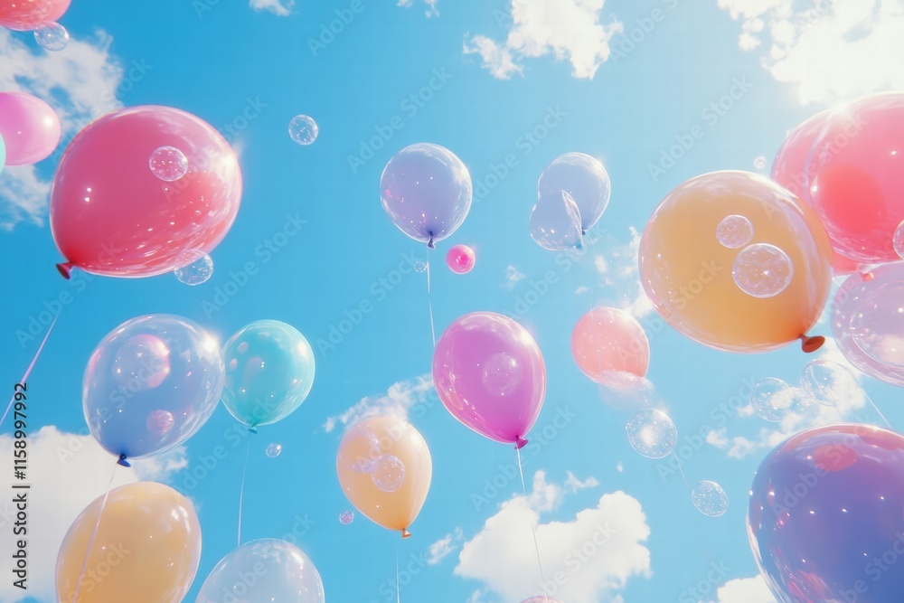 Colorful cluster of balloons floats gracefully in a clear blue sky during a sunny day. Generative AI Colorful cluster of balloons floats gracefully in a clear blue sky during a sunny day. Generative AI
