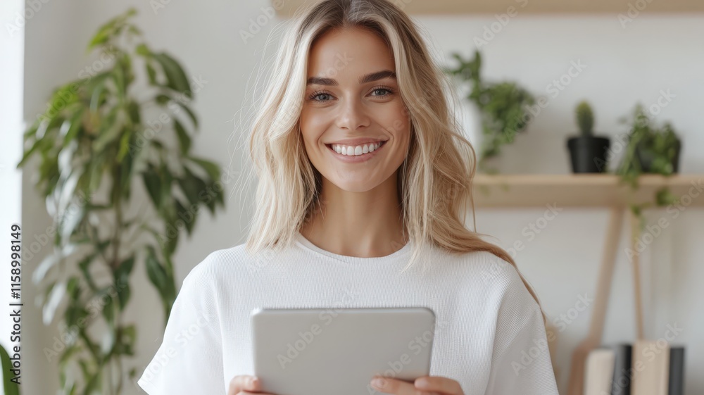 Fototapeta premium Portrait of beautiful young blonde woman holding tablet and smiling in home office with plants on shelves in background