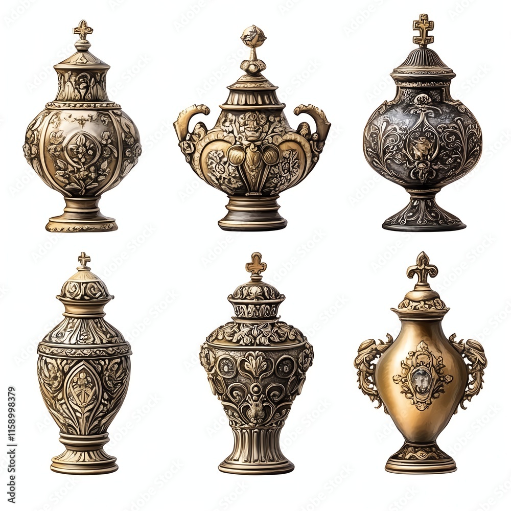 Decorative antique urns with intricate designs, white isolate background. Decorative antique urns with intricate designs, white isolate background.