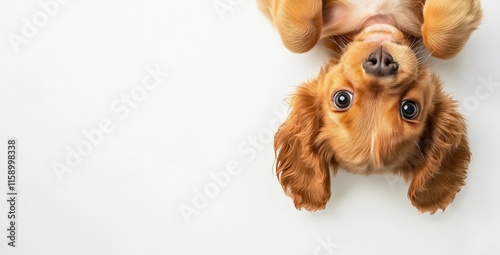 Cute puppy hanging upside down, displaying whimsical posture against pristine white backdrop