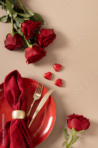 Valentine's day. Romantic dinner for date with red plate, chocolate sweets, romantic gift and red roses on beige background. Vertical menu card. View from above.