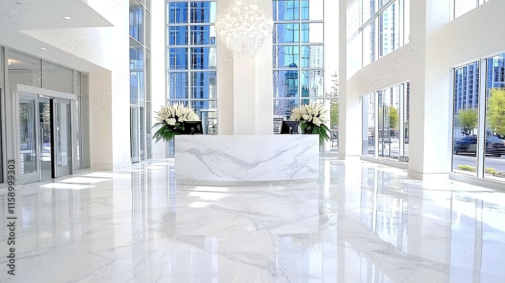 Fototapeta premium Modern Lobby Interior Design Marble Floor Glass Walls Reception Desk