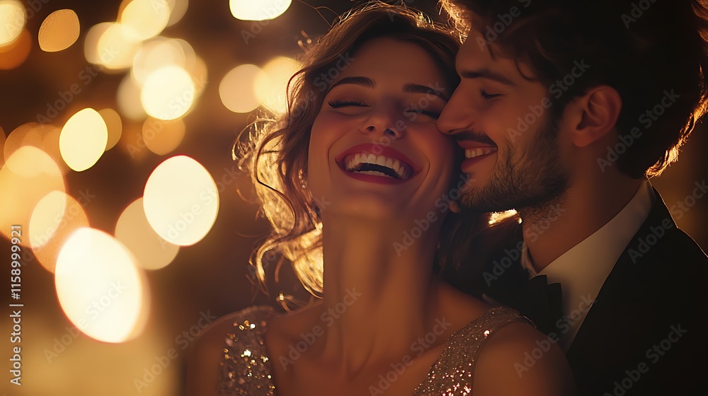 Portrait of a cheerful couple laughing, illuminated by soft bulb light at a lively party, dressed in elegant party attire, captured in high-definition detail. Portrait of a cheerful couple laughing, illuminated by soft bulb light at a lively party, dressed in elegant party attire, captured in high-definition detail.