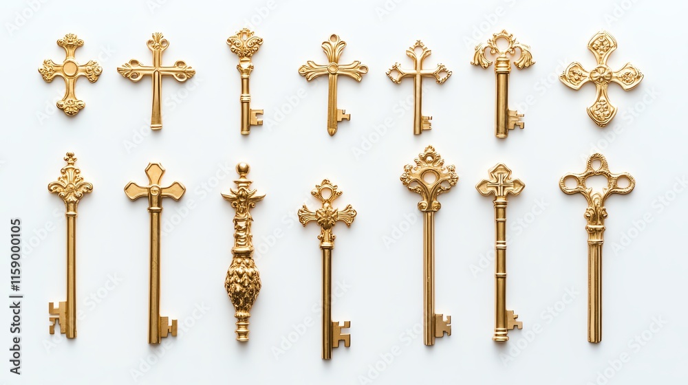 Golden decorative keys on a white isolated background. Golden decorative keys on a white isolated background.