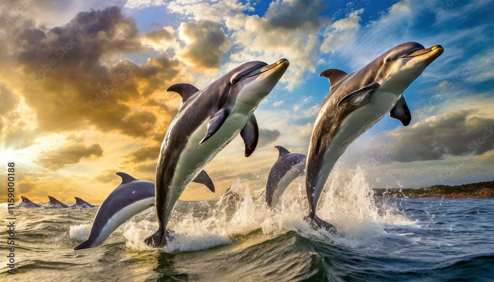 a flock of dolphins is jumping on the water with a cloudy sky in the background a flock of dolphins is jumping on the water with a cloudy sky in the background
