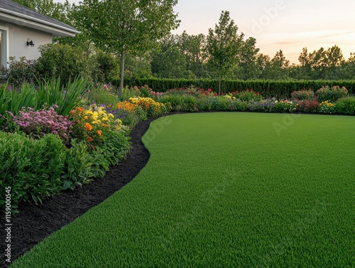 A beautifully landscaped garden featuring vibrant flowers and lush green grass, creating a serene outdoor space at sunset. photo