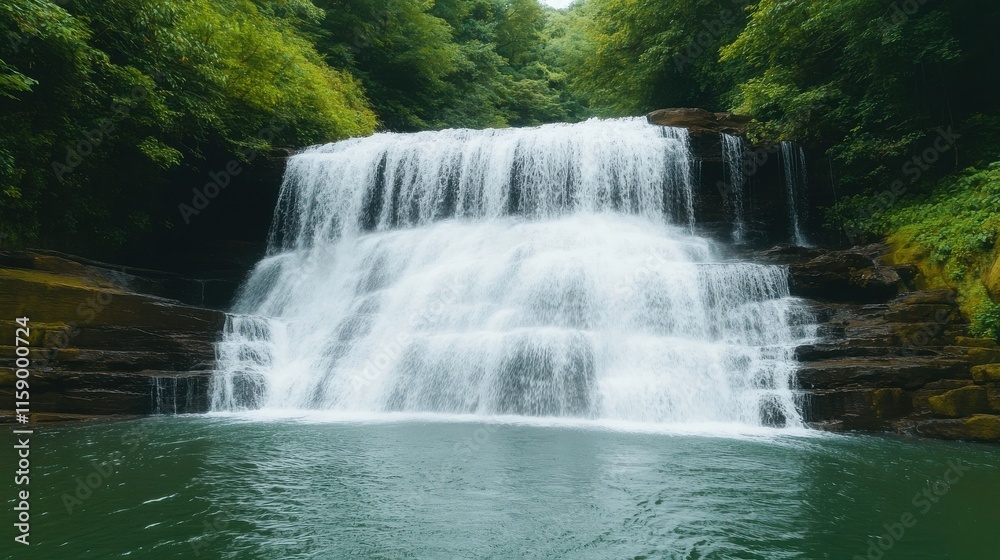 Fototapeta premium A breathtaking waterfall cascading into a serene pool, surrounded by lush greenery and tranquil nature.