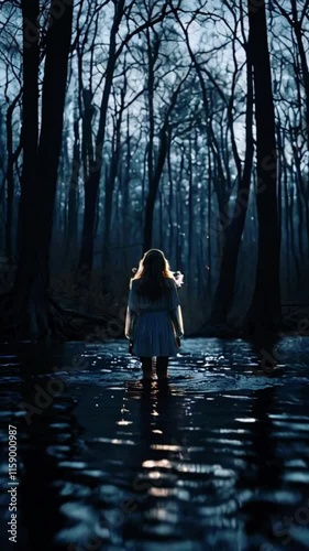 Thousands of glowing eyes dark forest, vanish angel descends, tranquil light commanding man’s focus as she hovers above the water, 4k Wallpaper Background Animation Video