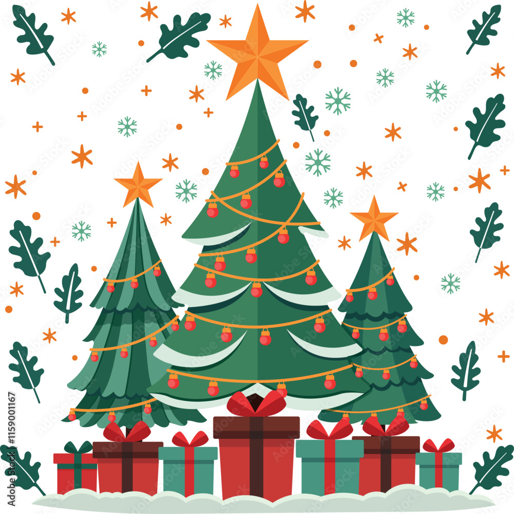 Christmas tree with gift box and light bulb and leaf with start and snowflake background illustration Christmas tree with gift box and light bulb and leaf with start and snowflake background illustration