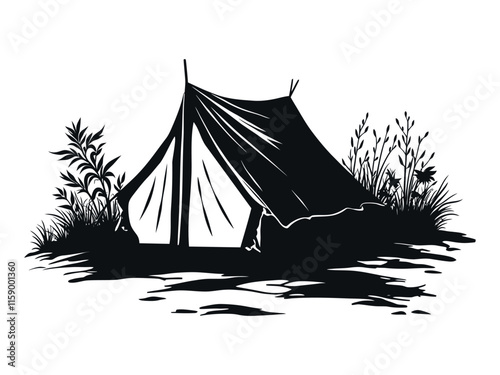 camping tent silhouette illustration for camping and hiking in black and white color,