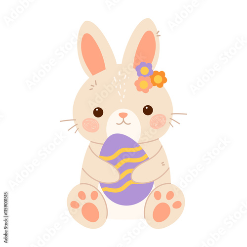 Easter bunny rabbit holding big Easter egg. Flat vector isolated illustration