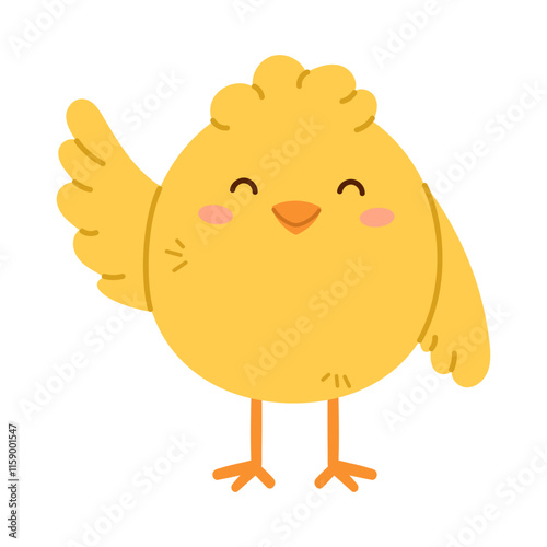 Cute little chicken waving. Childish print for nursery, kids apparel, poster and postcard. Flat isolated vector illustration
