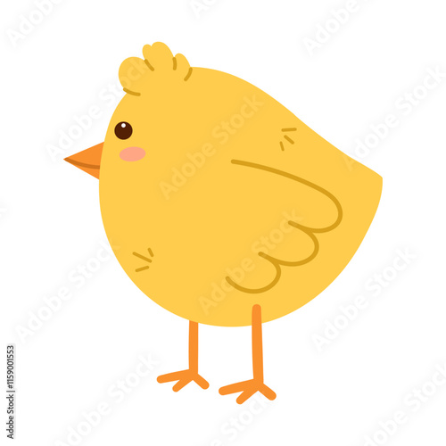 Standing small chick side view. Flat spring Easter design. Vector isolated illustration