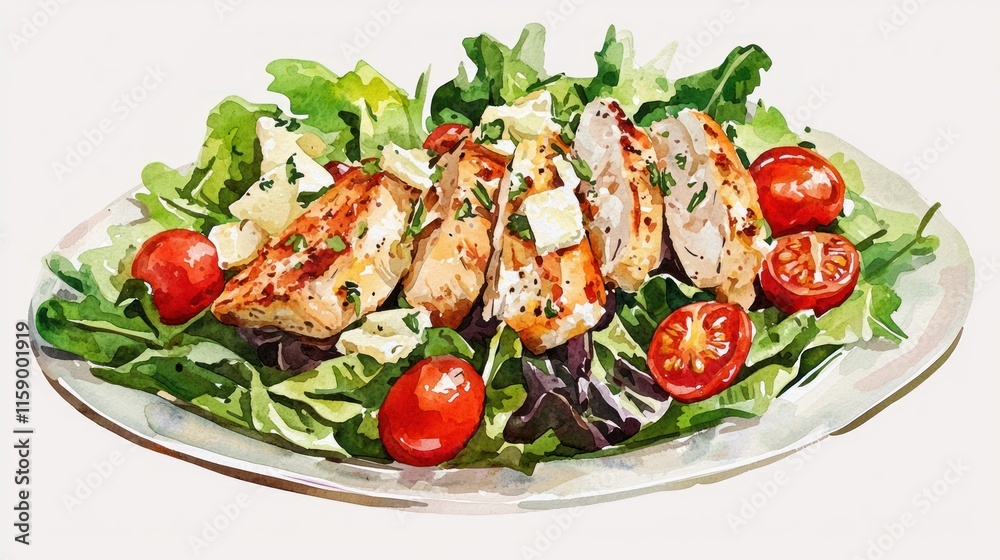 Grilled chicken salad with cherry tomatoes and lettuce on a white plate. Grilled chicken salad with cherry tomatoes and lettuce on a white plate.
