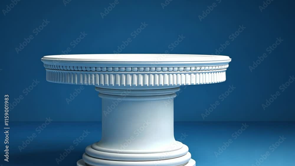 White marble pedestal table displayed against a solid blue background highlighting its elegant design and craftsmanship White marble pedestal table displayed against a solid blue background highlighting its elegant design and craftsmanship
