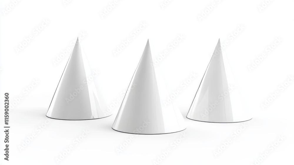 White party hat for birthday, anniversary, christmas celebration. Vector realistic 3d mockup of blank cone head caps for carnival, holidays and festive isolated on white background