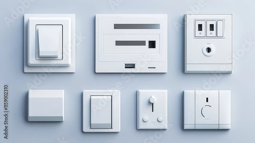 Square rectangular and round white wall switch and sockets. Set of different types of power switches. Power electrical socket electricity turn off and on plug realistic pictures.  photo