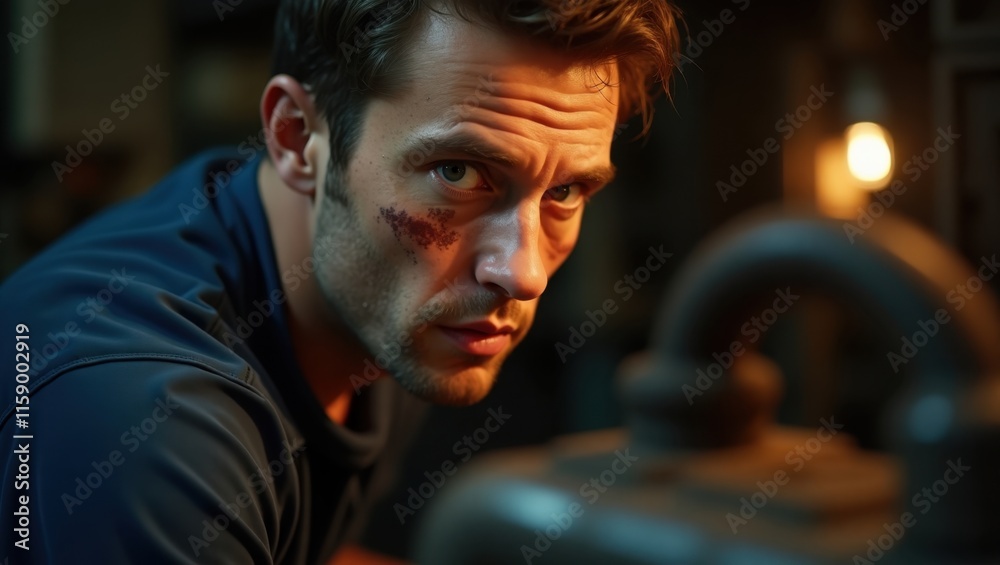 Obraz premium Close-up portrait of a man with a scraped cheek, intense gaze, and dark stubble. He's wearing a dark blue jacket in a dimly lit industrial setting.