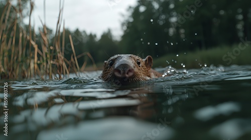 Platypus swimming in a calm freshwater river photo