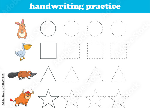 Handwriting Practice. Tracing lines of different shape for kids with animals. Vector Illustration