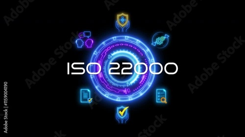 Wallpaper Mural ISO 22000 icons. International Organization for Standardization sign and symbol. Food safety standard. Glowing neon line of ISO 22000 banner icons isolated on transparent background. Torontodigital.ca
