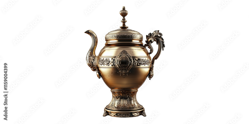 Obraz premium Ornate antique brass teapot with intricate designs isolated on transparent background