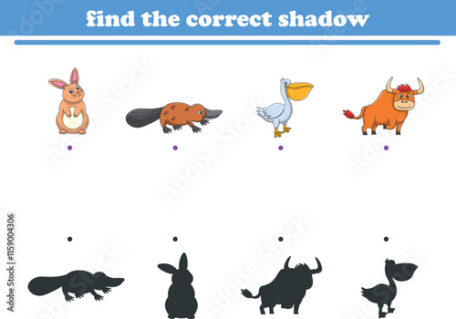 Funny cartoon wild life. Find the correct shadow. Kids Education games. Cartoon vector illustration