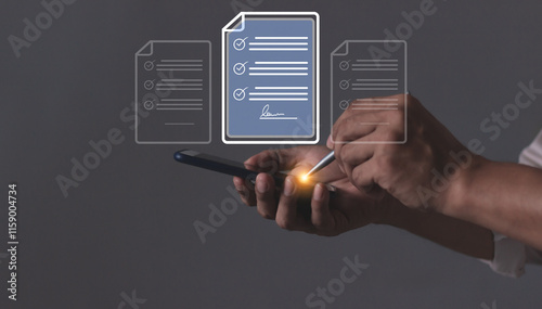 Young man hand holding smartphone mobile using a pen touching to sign a Contract signing, Electronic signature, Digital documents, Future smart contract, Online Business Contract
