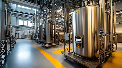 Workers using energy-saving equipment in a modern production facility 