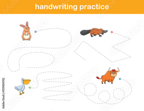 Handwriting Practice. Tracing lines for kids with animals. Vector Illustration