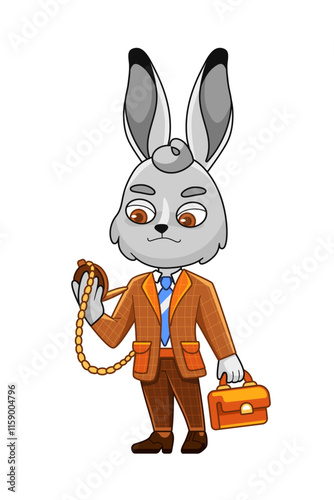 Illustration of a hare character in a business suit and with a pocket watch in a cute cartoon style.