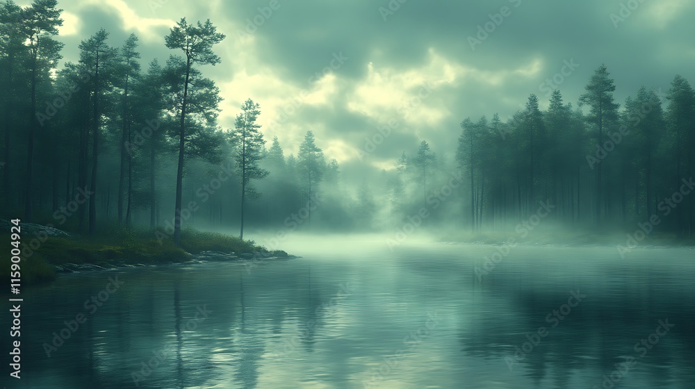 Fototapeta premium Misty lake in a pine forest.