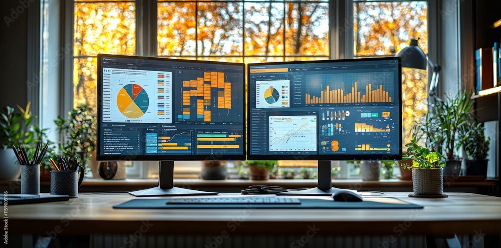 Optimized Remote Work Setup featuring a Multitasking Workstation and Data Visualization Optimized Remote Work Setup featuring a Multitasking Workstation and Data Visualization