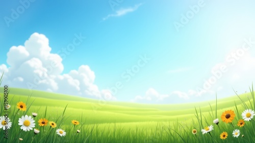 Spring sunshine, Bright blue sky, soft light on wildflowers and grass, vibrant photorealism.
