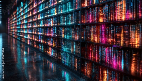 A futuristic digital library featuring shelves lined with glowing, multicolored digital books on international case law, business contracts, and market disputes, demonstrating advanced technology