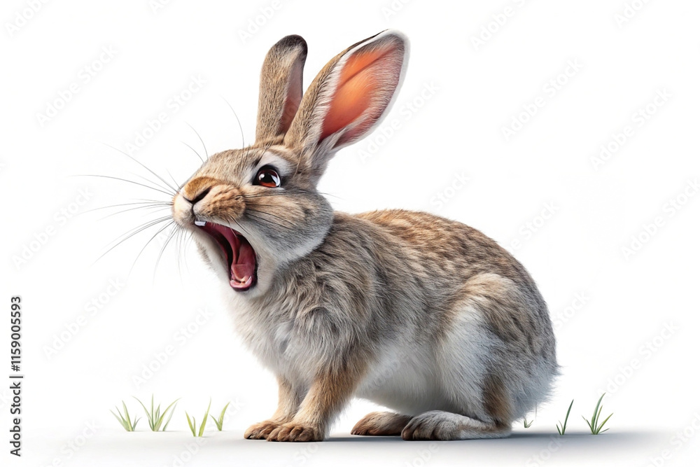 Fototapeta premium A startled brown rabbit with wide-open mouth, sitting on a patch of grass against a white background.