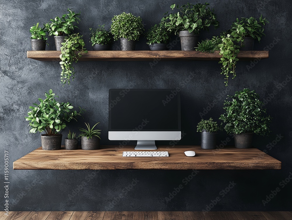 A clean and productive professional setting equipped with a desktop computer and houseplants A clean and productive professional setting equipped with a desktop computer and houseplants