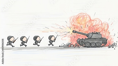 Cartoon-style illustration of soldiers charging towards a tank explosion. The simple yet expressive drawing conveys a sense of war and action in a lighthearted way.