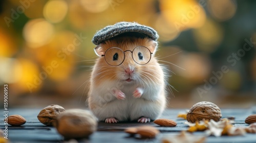 Cute hamster wearing glasses and a cap surrounded by nuts on a sunny autumn day. Generative AI photo