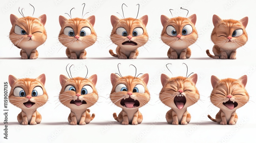 Obraz premium Cute cartoon kitten showing various expressions.