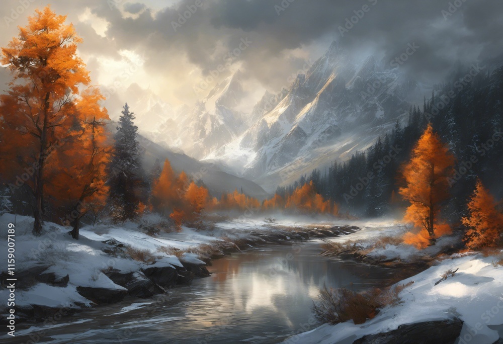 Naklejka premium Autumn landscape with vibrant trees and mountains